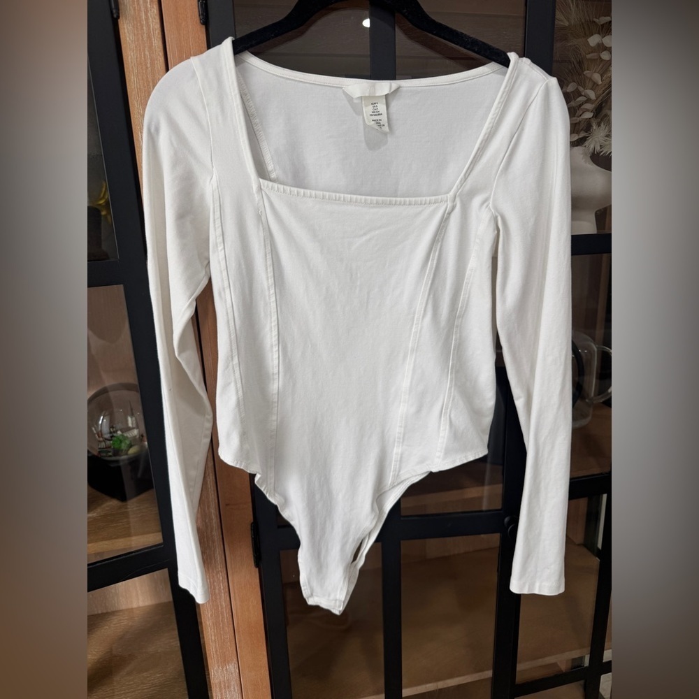H&M square neck long sleeve bodysuit white corset thong top